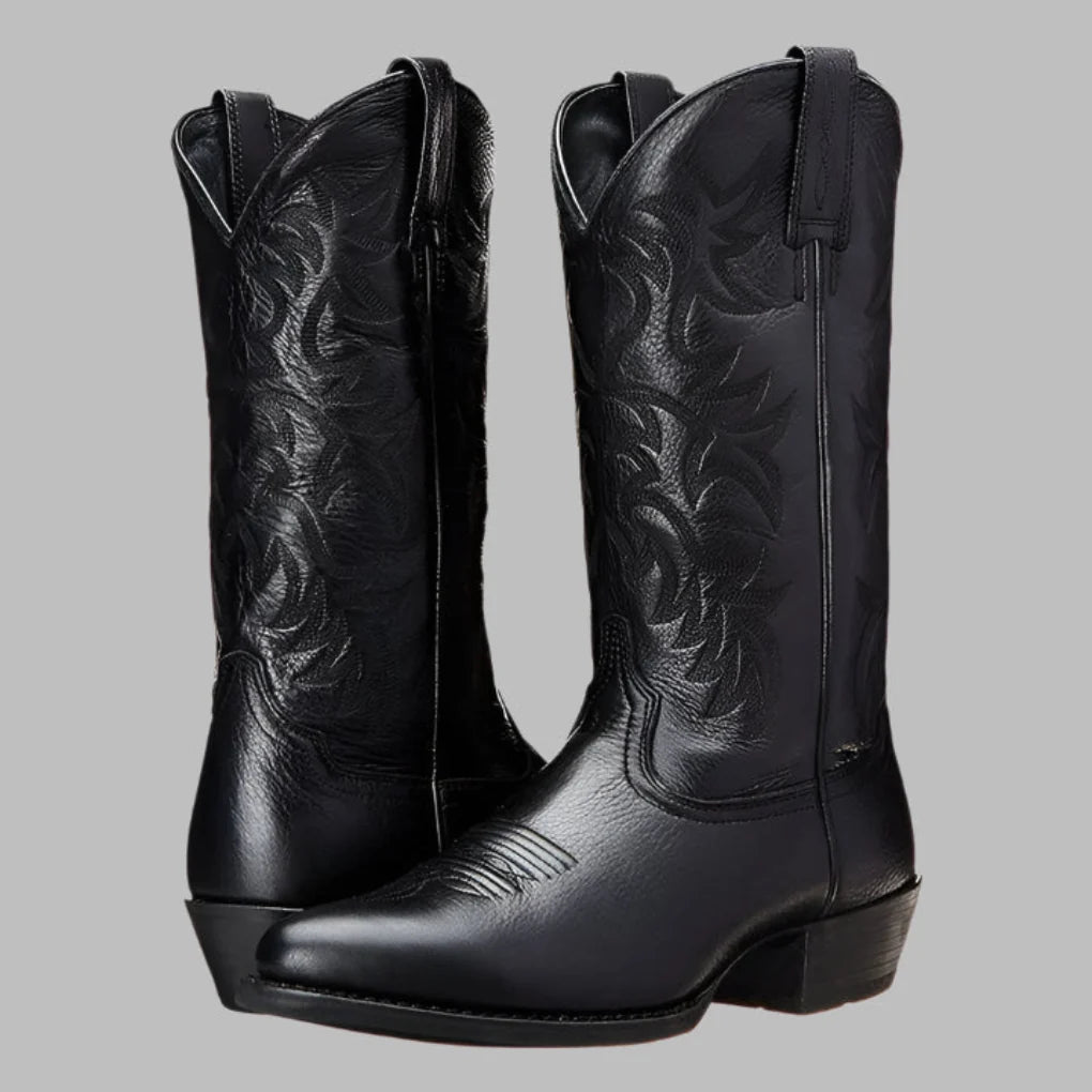 Stylish men's black leather ankle cowboy boots, comfortable for spring & autumn western casual and dress boots.