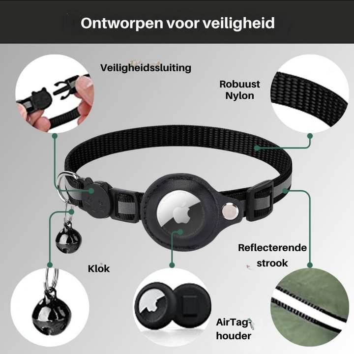Adjustable nylon reflective cat collar with integrated GPS tracker.