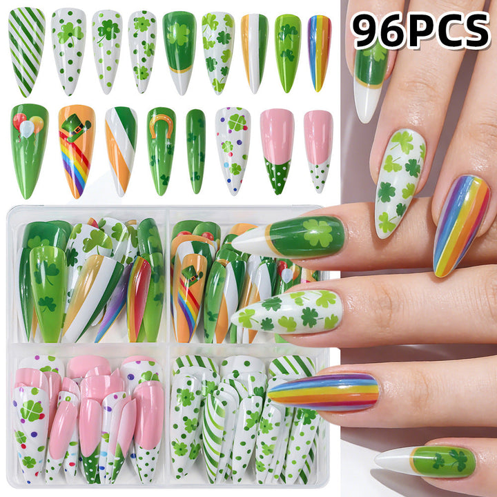 Festive press-on nail art set for women. Quick, easy, reusable fake nails in green, gray, & purple designs.