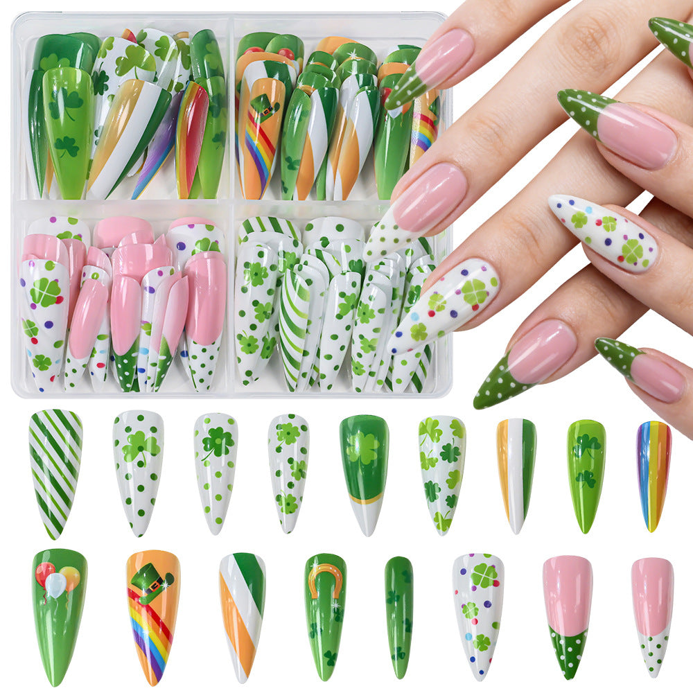 Elegant green, gray, & purple festive press-on nails. Reusable nail art for women seeking an easy manicure.