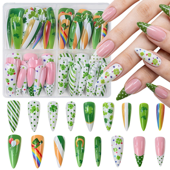 Elegant green, gray, & purple festive press-on nails. Reusable nail art for women seeking an easy manicure.
