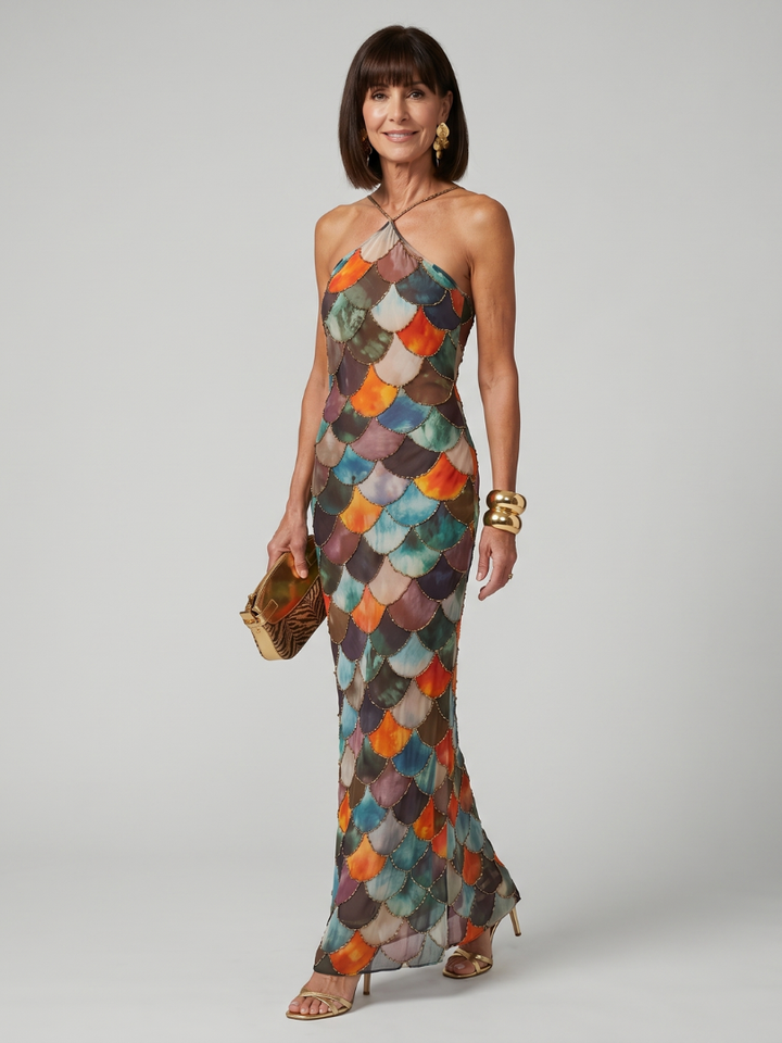 Fitted women's halter maxi dress with elegant scale pattern, perfect for evening or party wear.