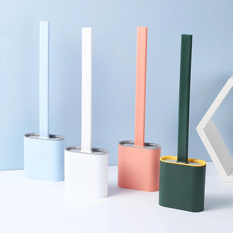 Flexible silicone toilet brush with non-scratch bristles for deep cleaning, includes holder for hygienic bathroom storage.