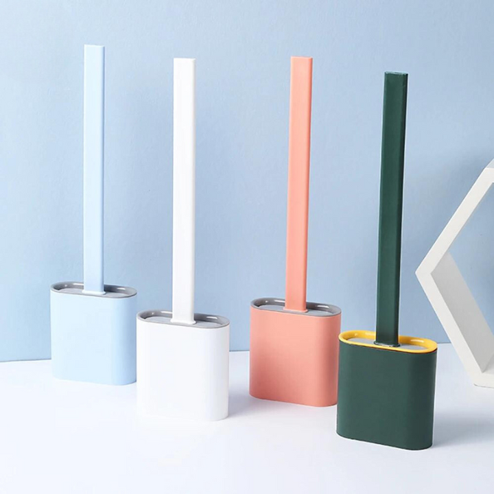 Flexible silicone toilet brush with non-scratch bristles for deep cleaning, includes holder for hygienic bathroom storage.