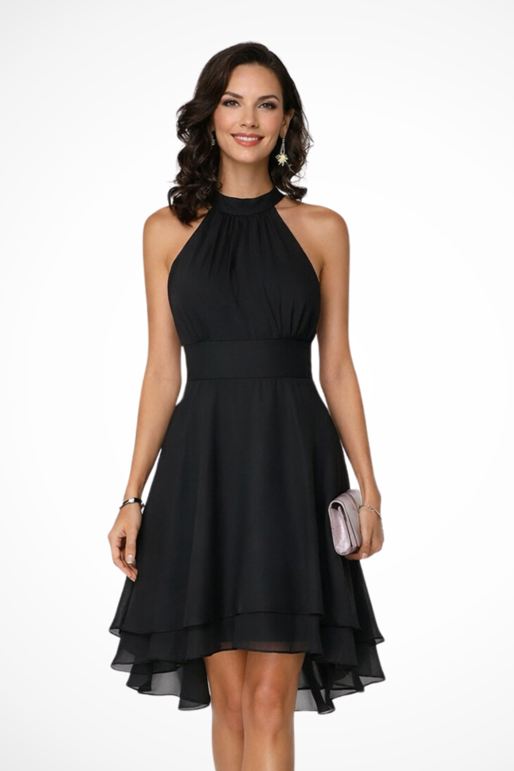 Flirty women's halter neck tiered mini dress with ruffle hem, ideal for summer parties & date nights.