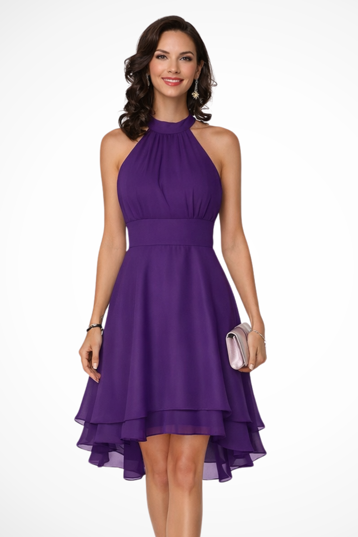 Women's halter neck tiered mini dress with flowy ruffle hem for summer, party, or cocktail events.