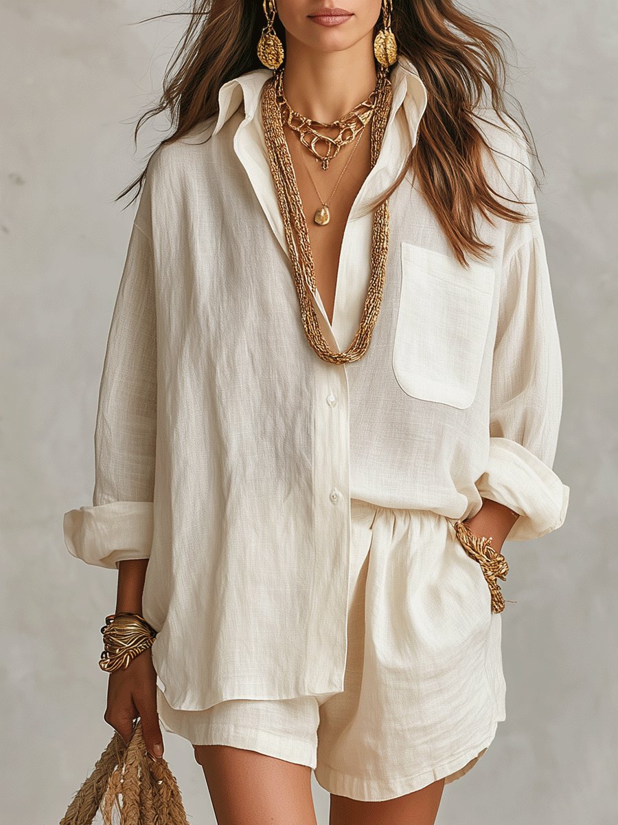 Florence Women's oversized linen button-up shirt & shorts set, perfect for chic summer vacation outfits.