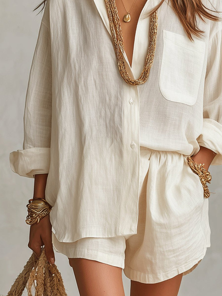 Florence women's linen two-piece set, oversized shirt & shorts, perfect relaxed fit for summer beachwear.