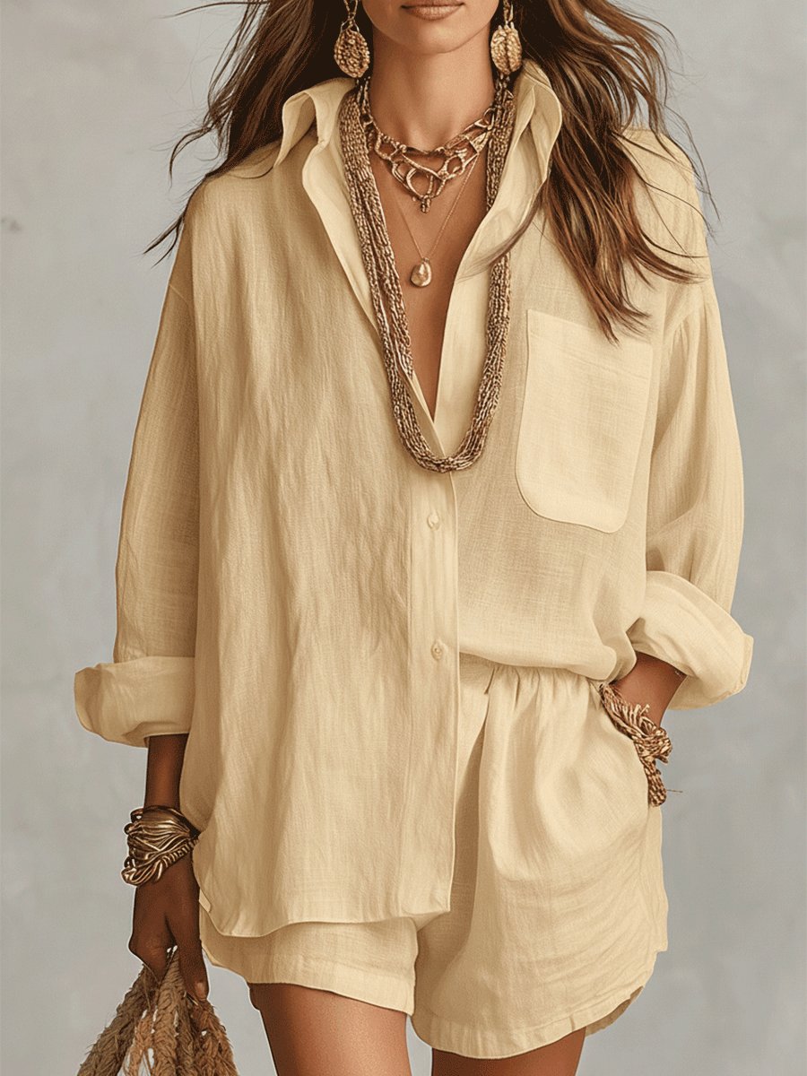 Chic Florence women's linen oversized button-up shirt paired with matching shorts, a comfortable two-piece set.
