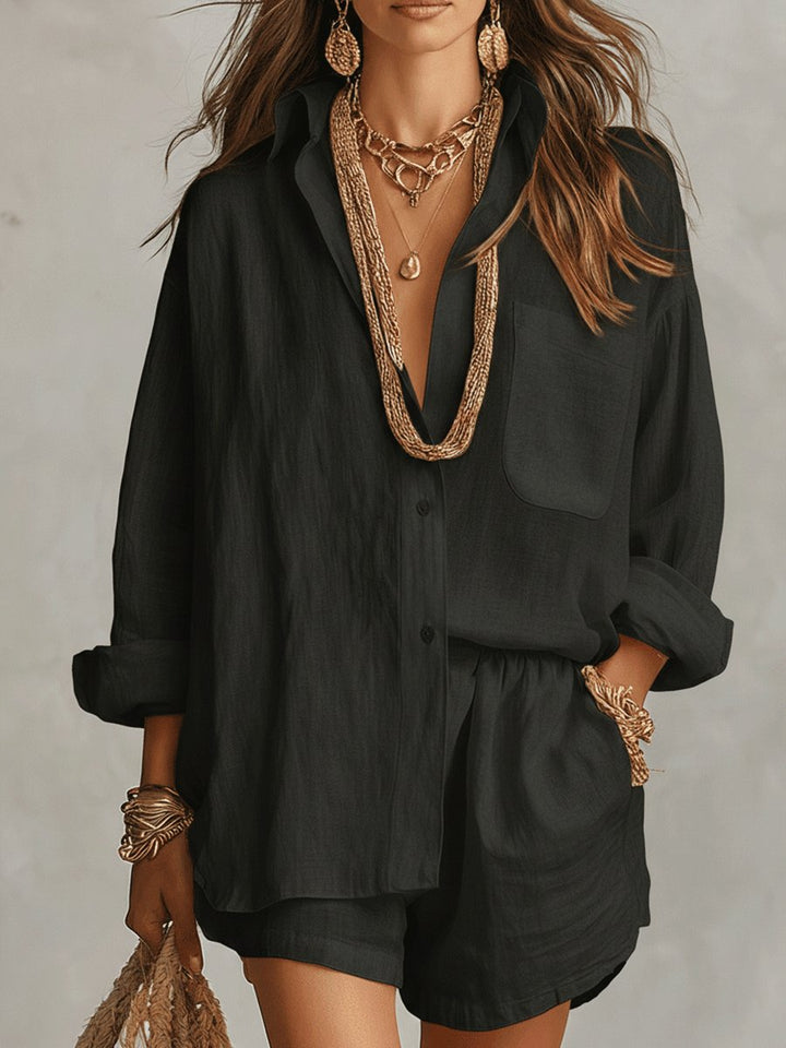Women's linen shorts set, oversized button-up shirt, relaxed fit, perfect two-piece summer casual wear apparel.