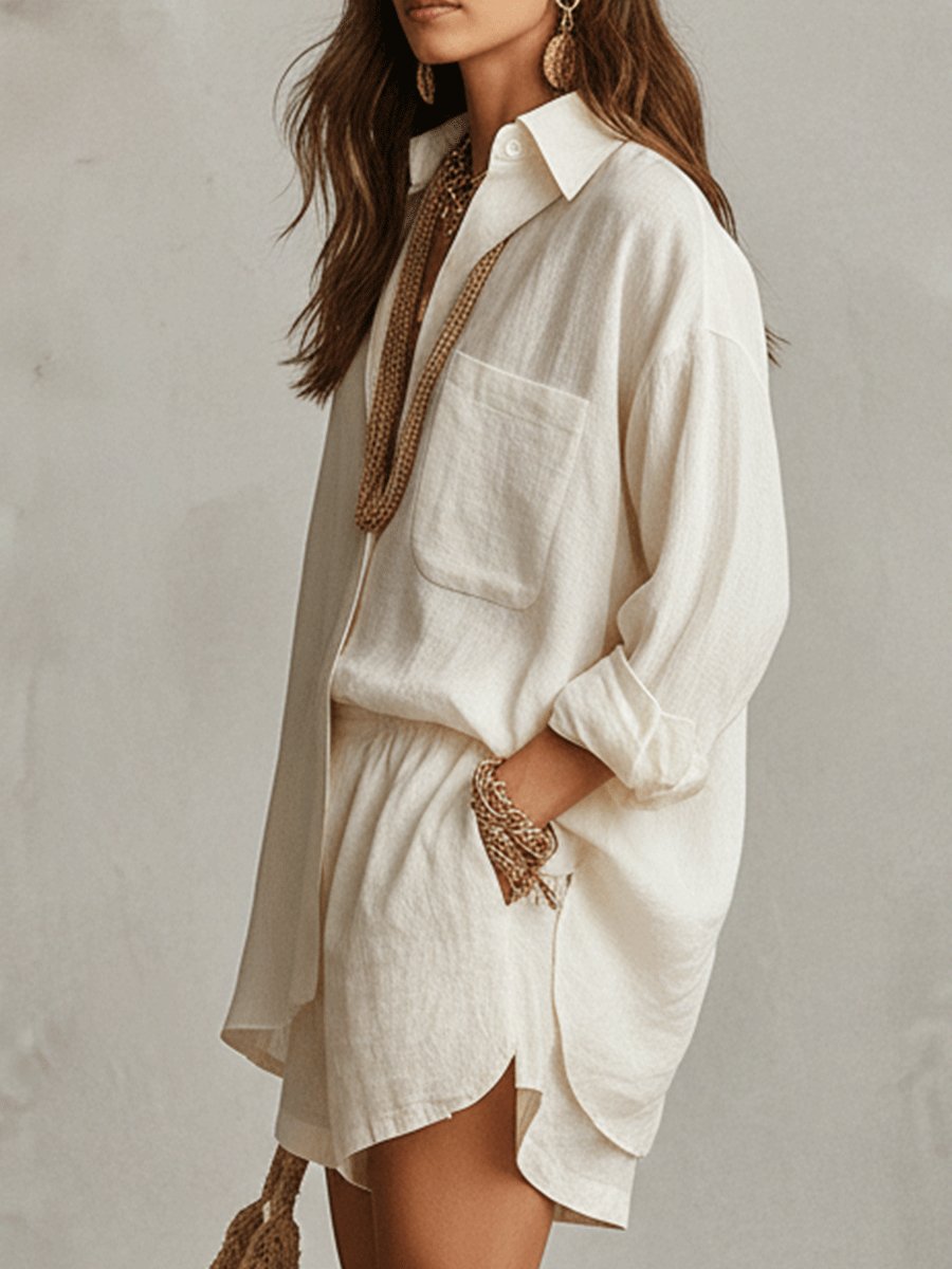 Florence women's linen oversized shirt and shorts set with adjustable waist, a versatile two-piece beachwear.