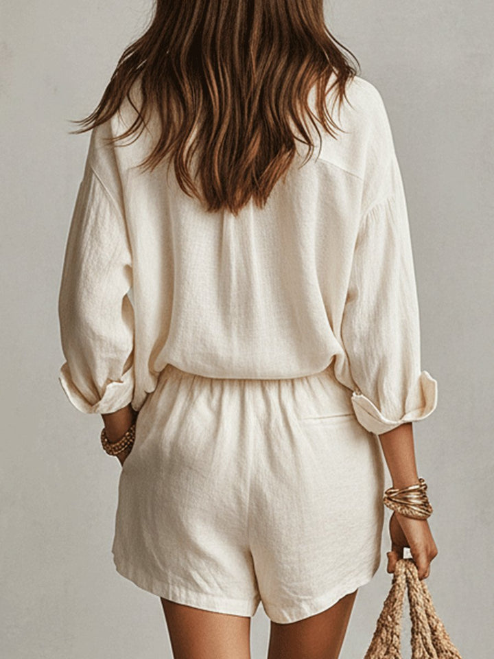 Stylish women's linen oversized button-up shirt and shorts set, ideal for a relaxed summer vacation outfit.