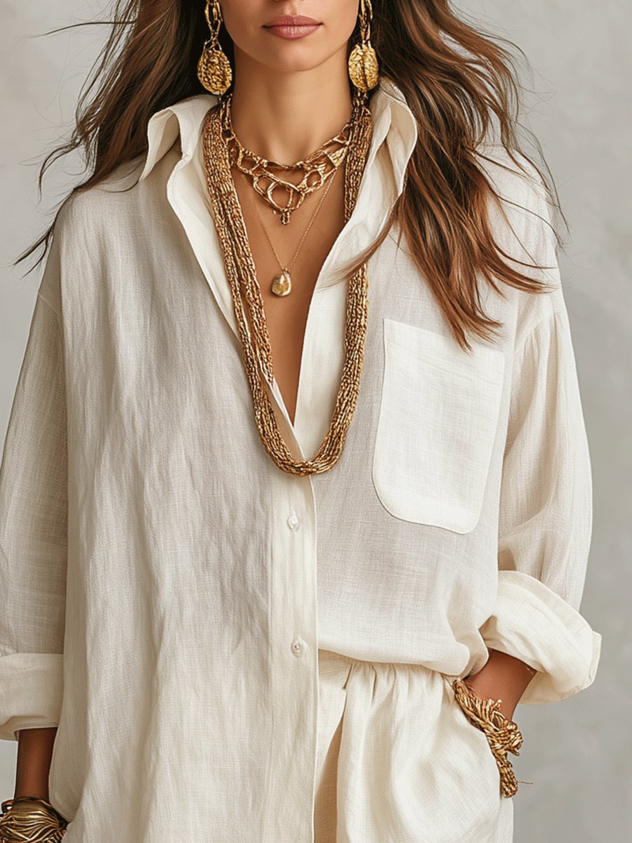 Comfortable women's linen oversized button-up shirt & shorts set, a chic two-piece casual summer outfit.