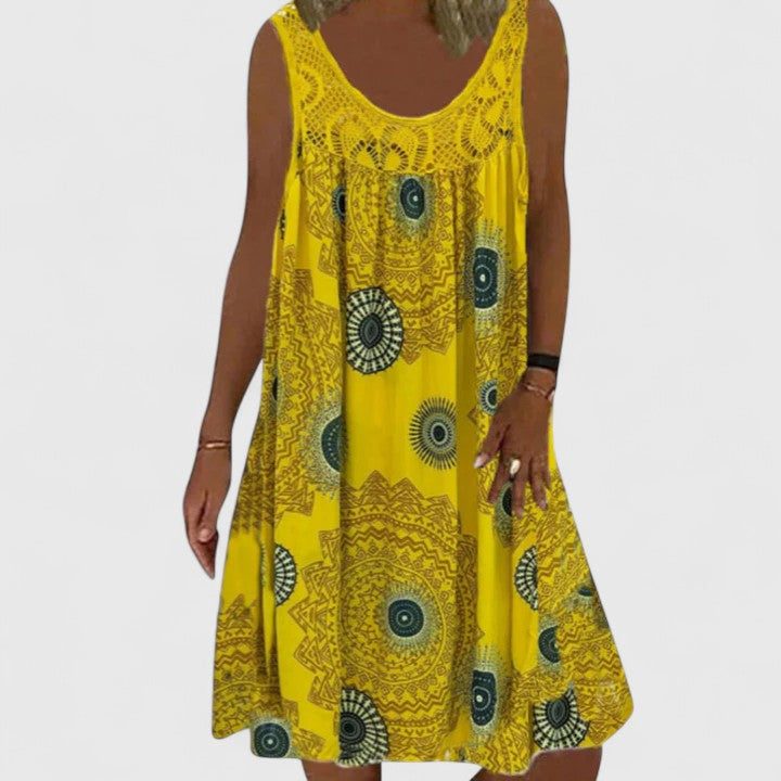 Flowy Women's Boho Summer Dress with vibrant ethnic print, perfect for casual wear & vacations.