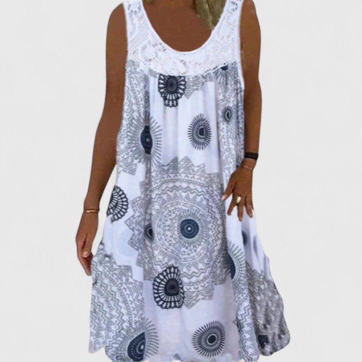 Vacation-ready women's Boho Summer Dress, a flowy & comfortable A-line style with a vibrant ethnic print.