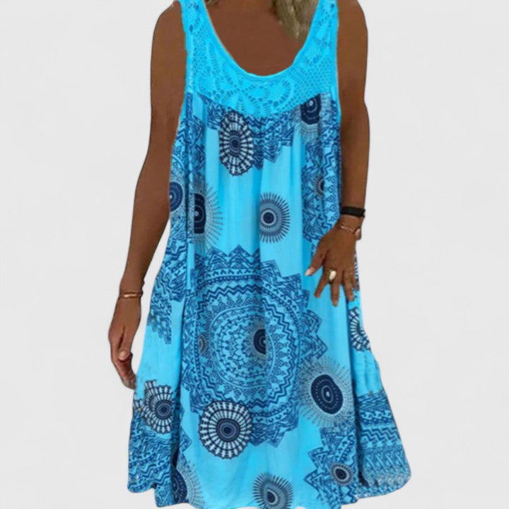 Casual women's Boho Summer Dress, an A-line style with a comfortable, flowy fit & beautiful ethnic print.