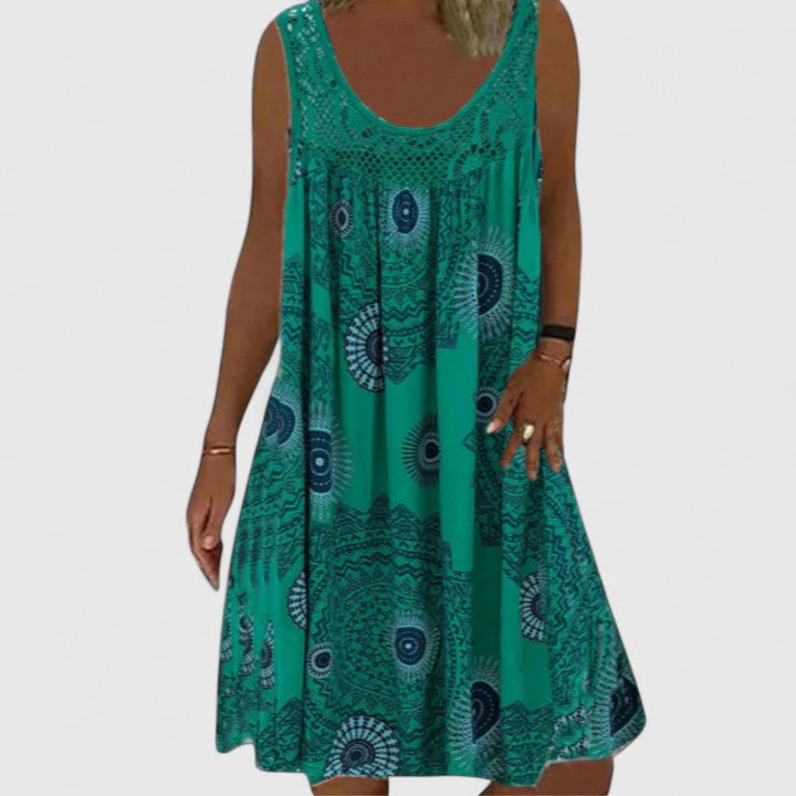 Authentic Boho Summer Dress for women, featuring a comfortable A-line cut & eye-catching ethnic pattern.