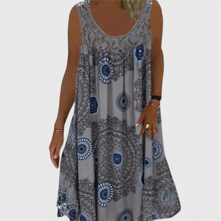 Women's comfortable summer Boho dress with an ethnic print. Flowy A-line style for casual or vacation.