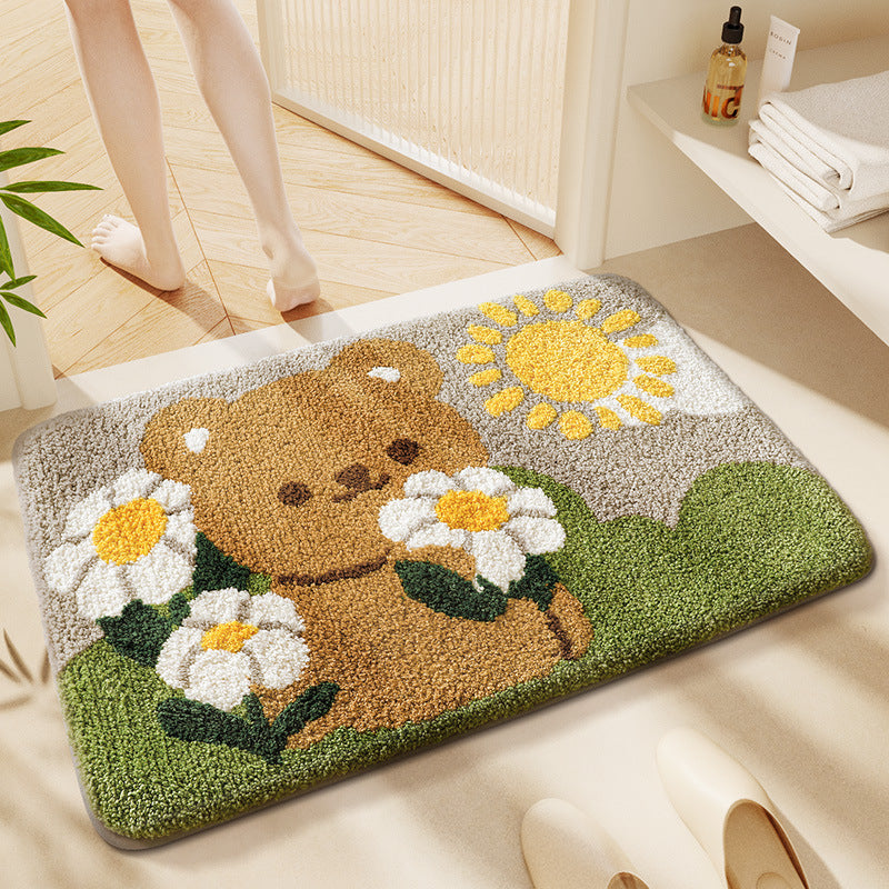 Charming cat plush mat, ideal for bathroom, kitchen, or entryway; provides soft, absorbent comfort.