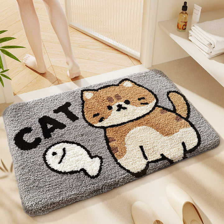 Playful cat design plush bath mat, adds cute style & softness to any home bathroom decor.