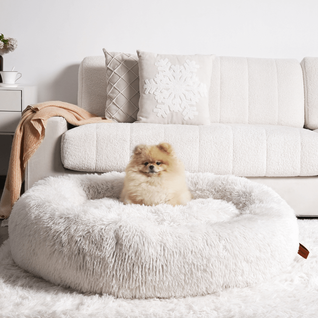 Soft & warm fluffy dog bed, donut shape, for ultimate pet comfort & deep sleep. Calming anxiety relief.