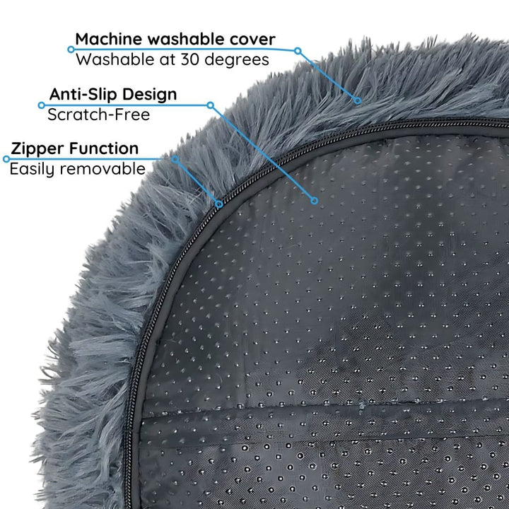 Cozy faux fur donut dog bed, fluffy and round, for anxiety relief, deep sleep & pet comfort.