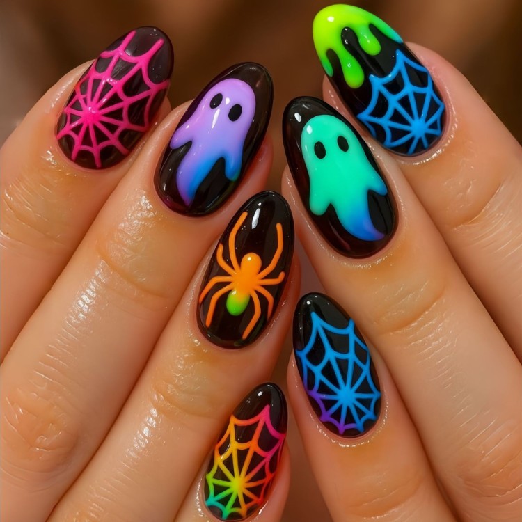 Fluorescent Halloween press-on nails for women, featuring spooky ghost & spider designs. Glow-in-the-dark costume nail art.