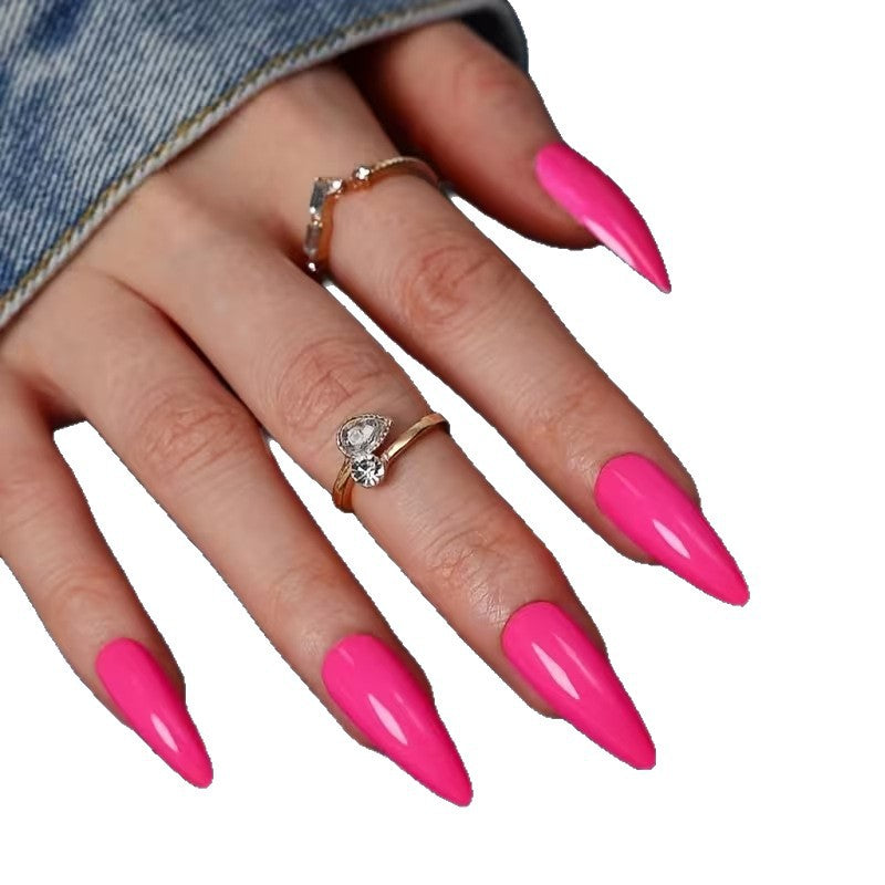 Stylish fluorescent pink artificial nails, long-lasting press-on manicure kit for women's easy nail art beauty.