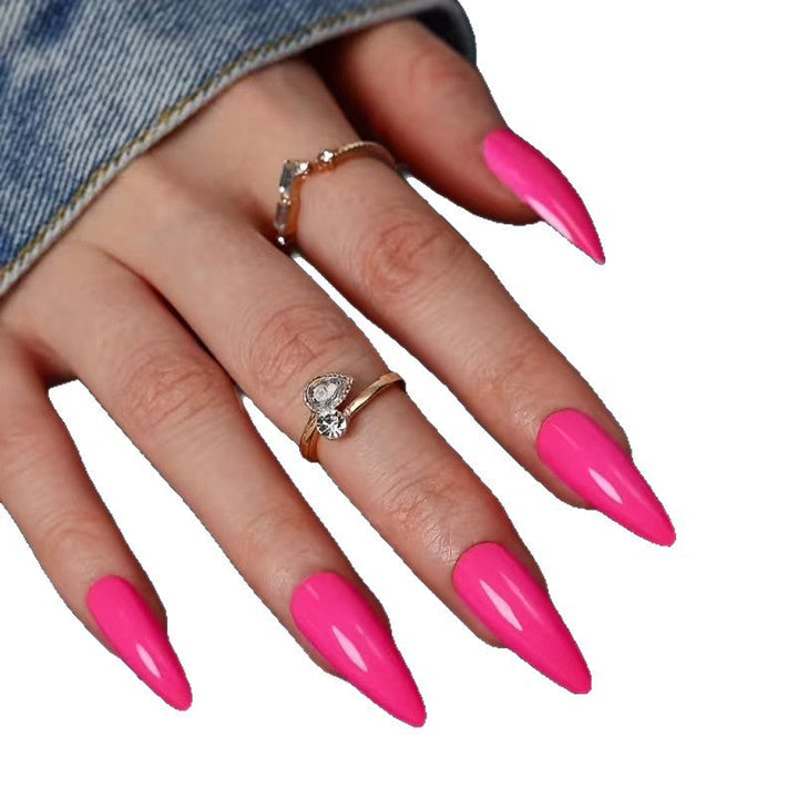 Stylish fluorescent pink artificial nails, long-lasting press-on manicure kit for women's easy nail art beauty.