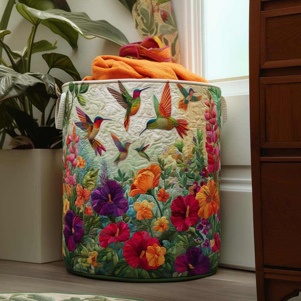 Flutter & Bloom quilted laundry basket with bloom pattern for home storage, self-standing fabric hamper, bedroom/bathroom decor.