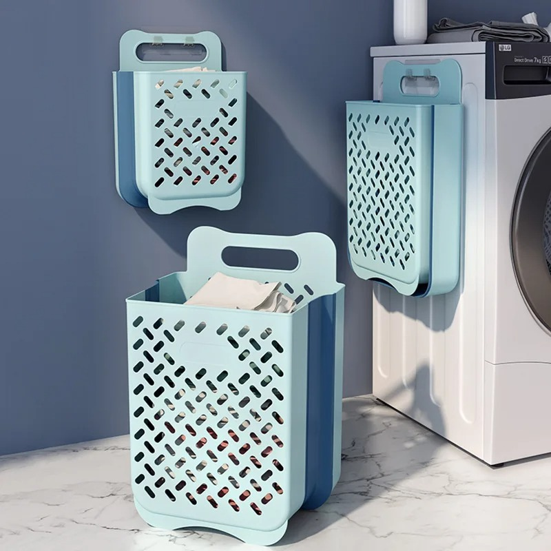 Foldable wall-mount laundry hamper with breathable mesh design, ideal for space-saving home organization in small apartments.