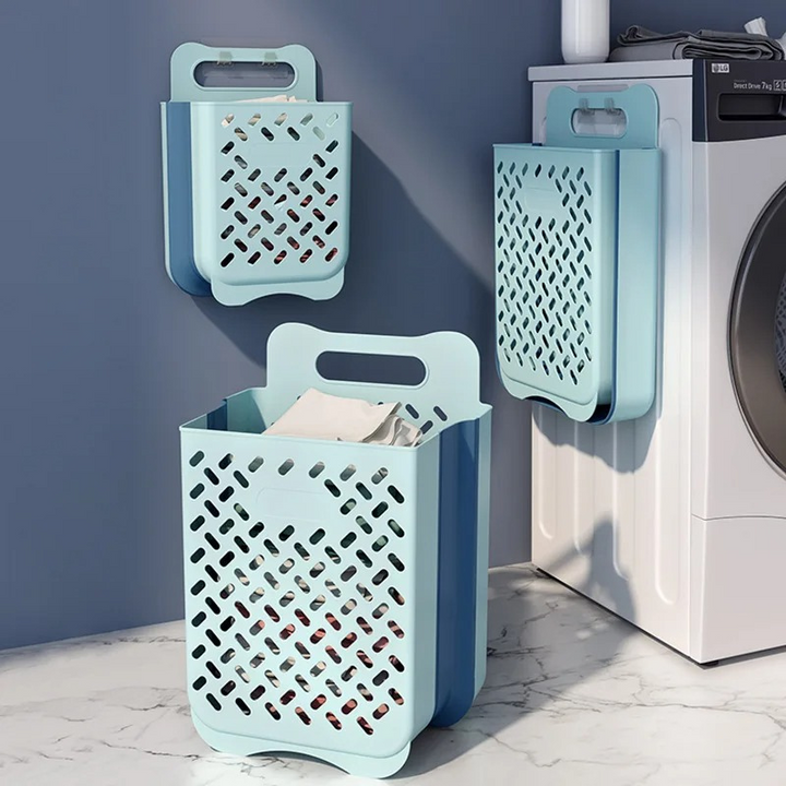 Foldable wall-mount laundry hamper with breathable mesh design, ideal for space-saving home organization in small apartments.