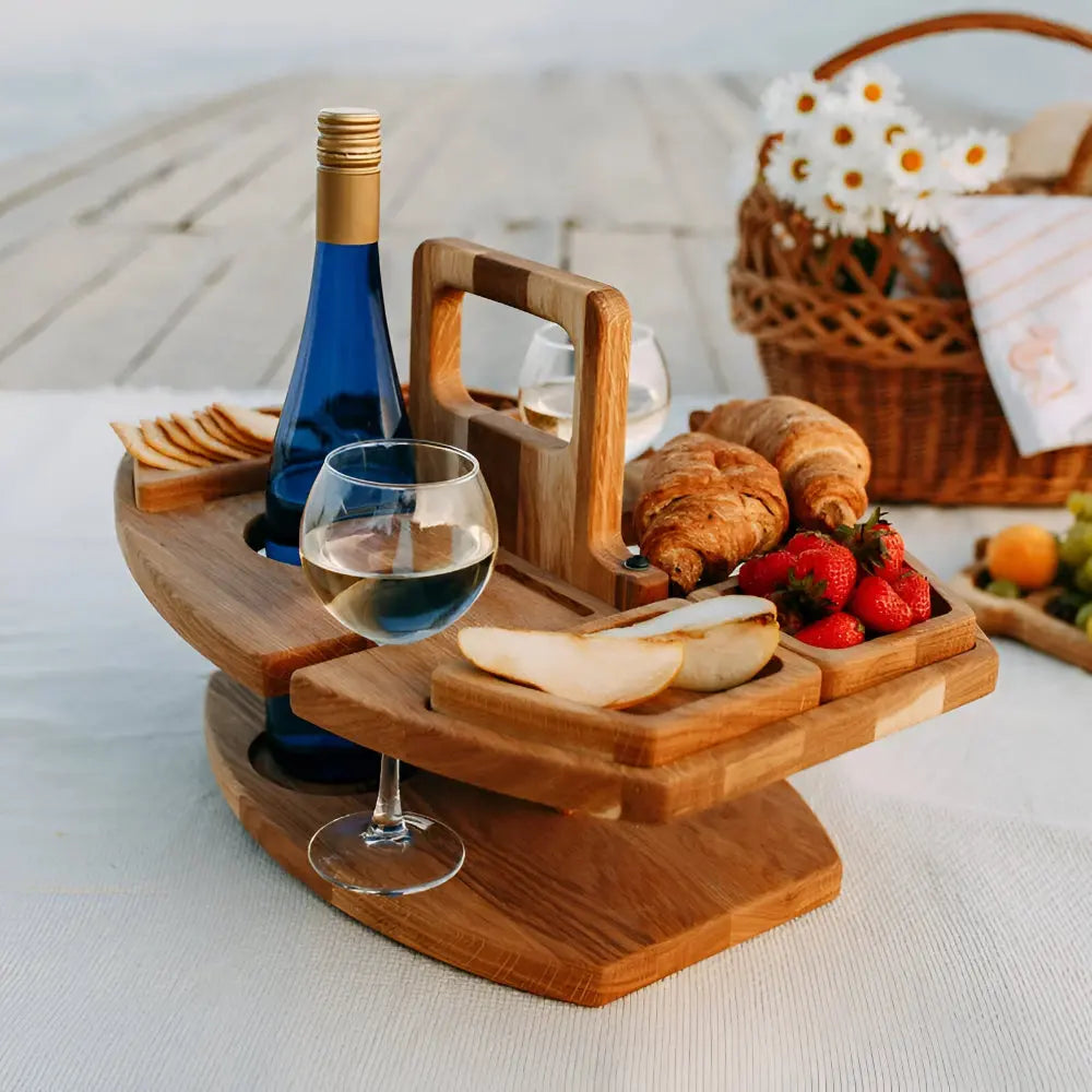 Compact wooden foldable table with snack compartments, ideal for picnics & outdoor events.