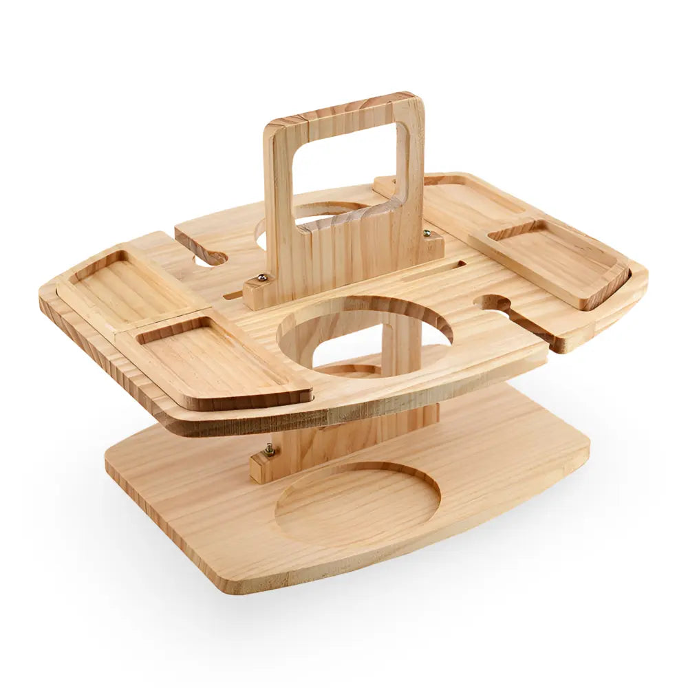 Stylish foldable wooden picnic table featuring secure wine glass slots and snack compartments.