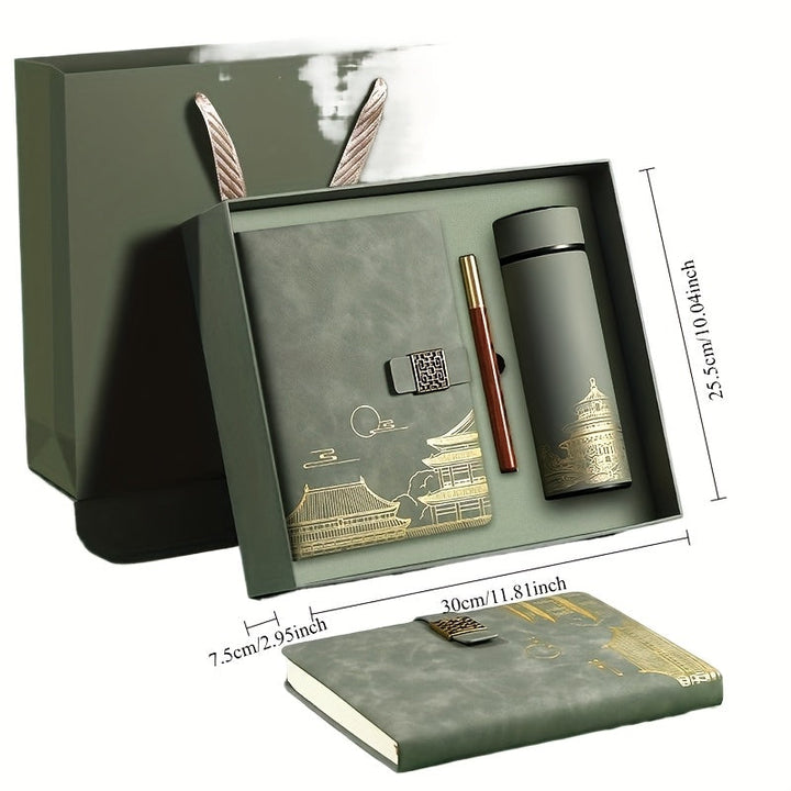 Forbidden City luxury gift set with notebook, pen, and insulated bottle, perfect for business or unique present.