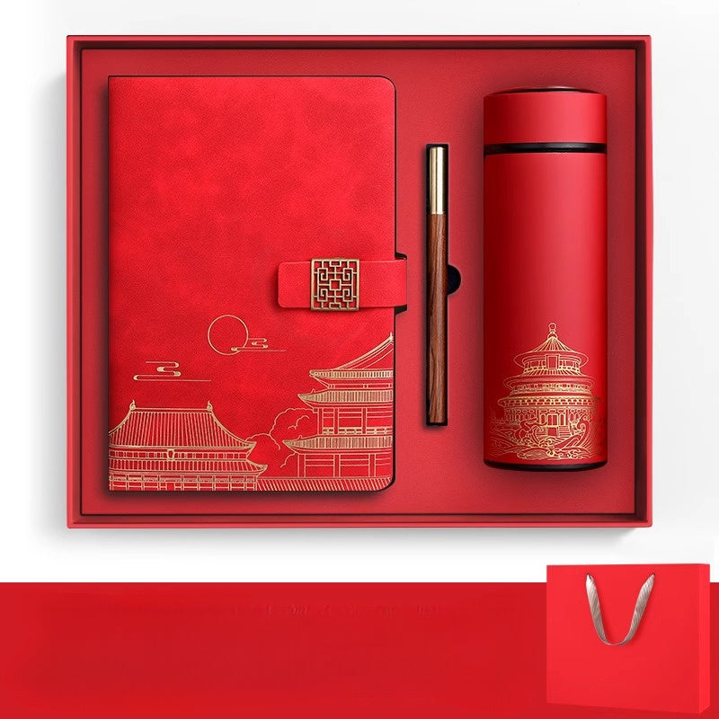Gorgeous Forbidden City luxury gift set displaying all items: notebook, pen, and insulated bottle in an open box.