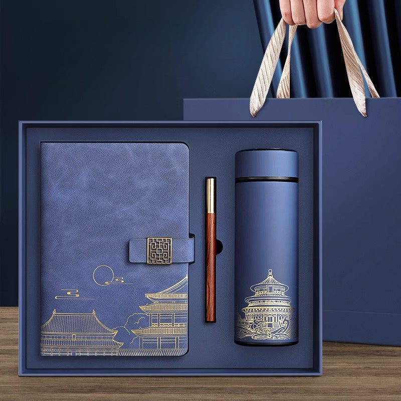 Unisex Forbidden City themed gift set: luxury notebook, sleek pen, and insulated bottle for travel or office.