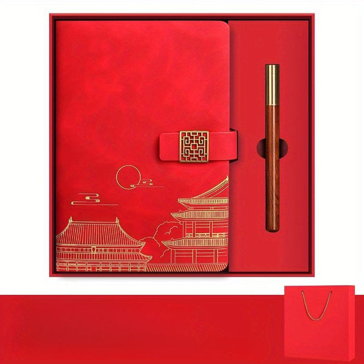 Complete Forbidden City present: luxury notebook, pen, & insulated bottle. An elegant and unique business gift set.