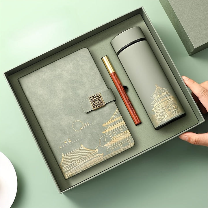 Unique Forbidden City stationery gift set with a decorative notebook and pen, presented in a luxury box.