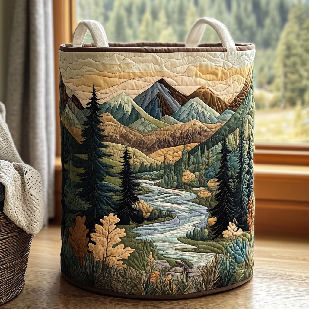 Forest Stream Quilted Laundry Basket: Stylish, washable cotton blend storage bin for home organization, foldable & self-standing.