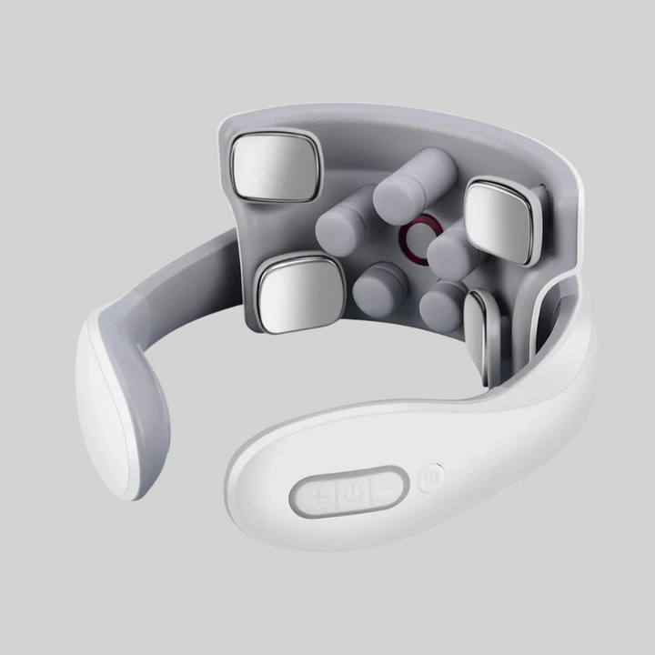 Four-head electric neck & shoulder massager for deep muscle pain & tension relief. Rechargeable and portable.
