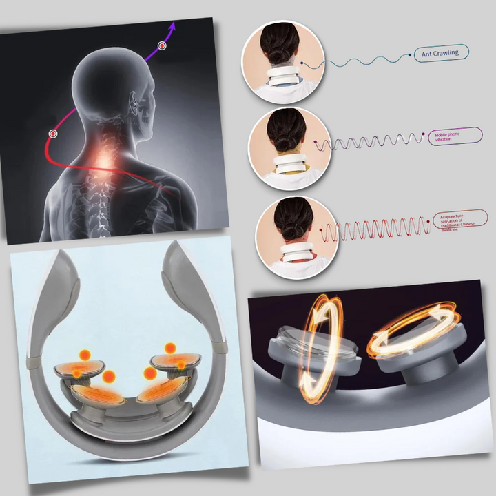 Portable, rechargeable four-head electric massager for neck, shoulder & back muscle pain relief and relaxation.