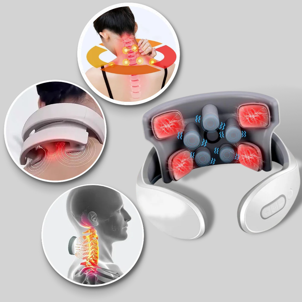 Unisex four-head electric massager providing stress relief & relaxation for neck & shoulders.