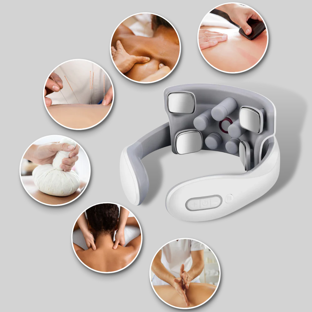 Rechargeable, portable four-head electric neck & shoulder massager for stress, pain, and relaxation.