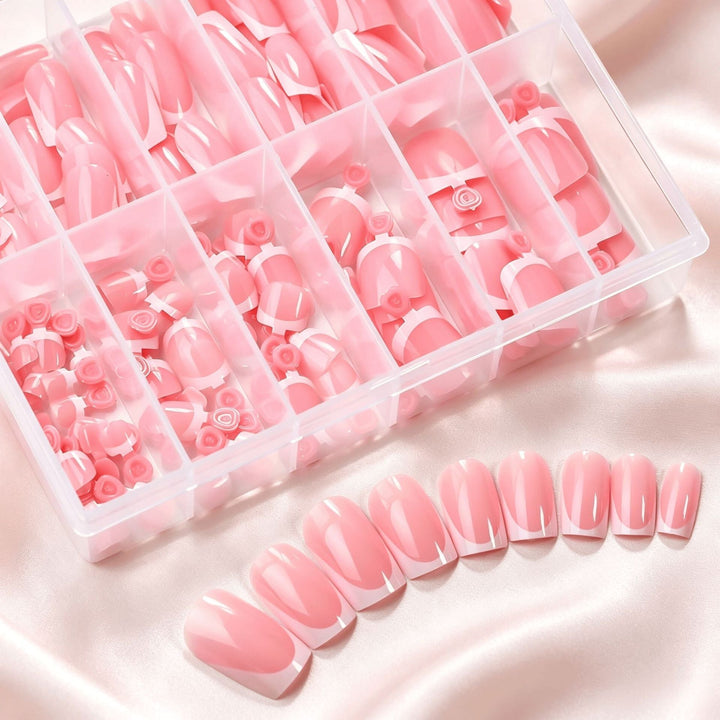Quick manicure with women's press-on French tip fake nails kit. Durable, elegant nail art for instant beauty.