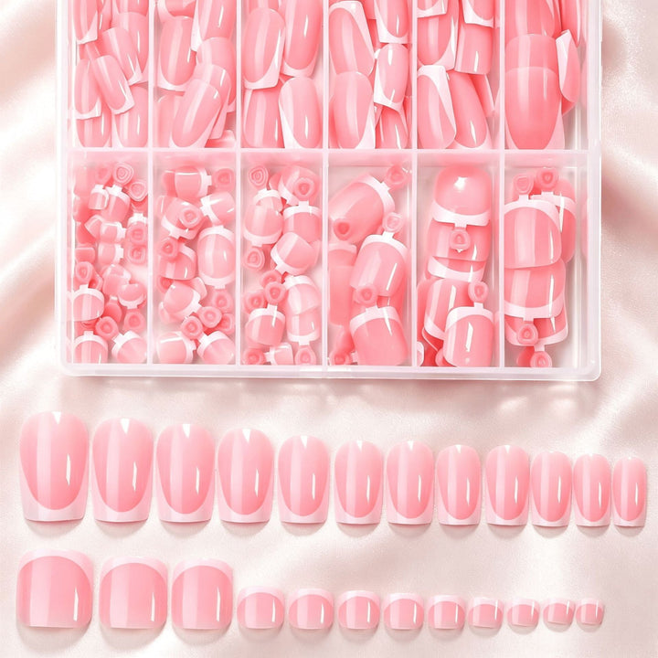 Classic French tip press-on artificial nail kit for women. Achieve elegant salon-quality manicure at home easily.