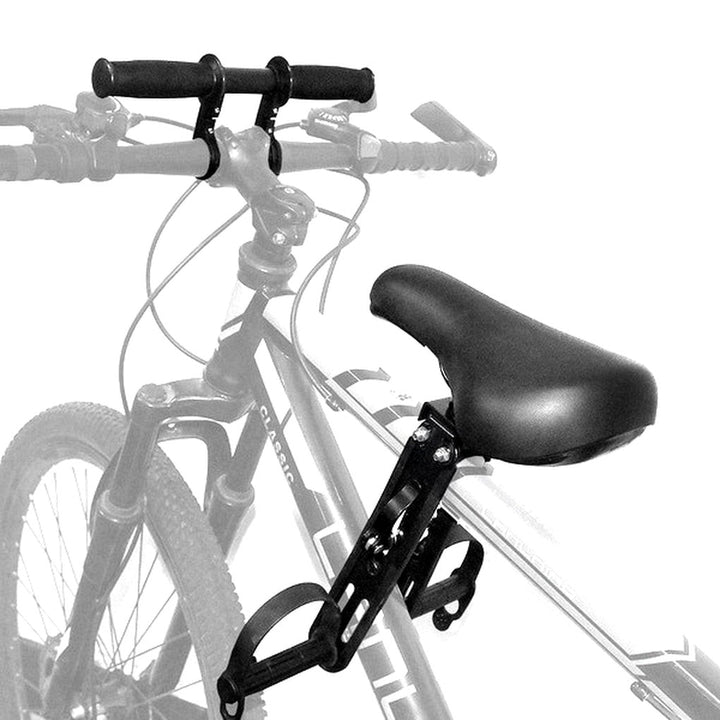 Front mount kids' adjustable bike seat & handlebar combo for family cycling. Safe toddler bike accessory.