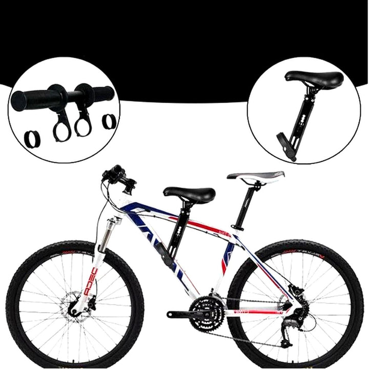 Happy child on front mount adjustable bike seat & handlebar, enjoying family cycling. Essential bike safety gear.