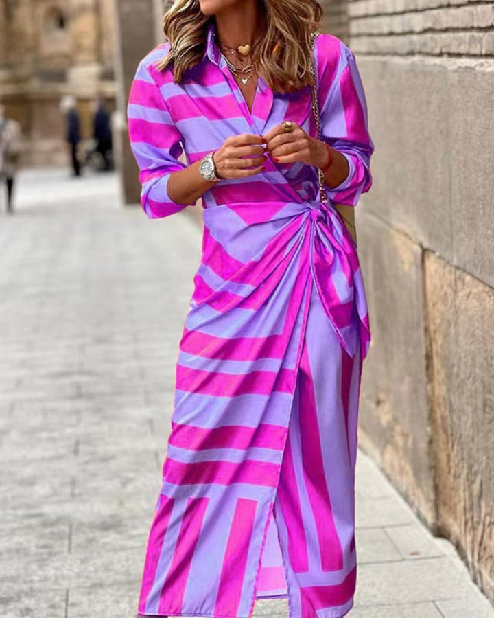 Close-up of the elegant collar on a women's summer wrap dress, highlighting its chic and sophisticated detail.