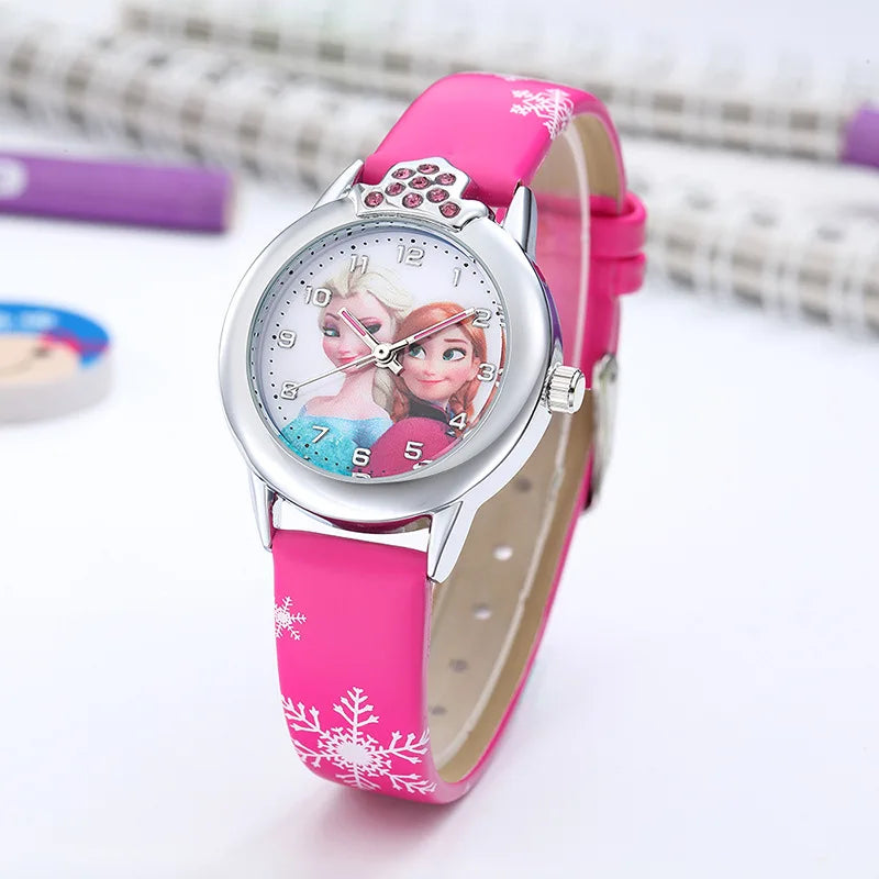 Frozen Princess Elsa kids watch with blue leather band & magical snowflake design, perfect gift for girls.